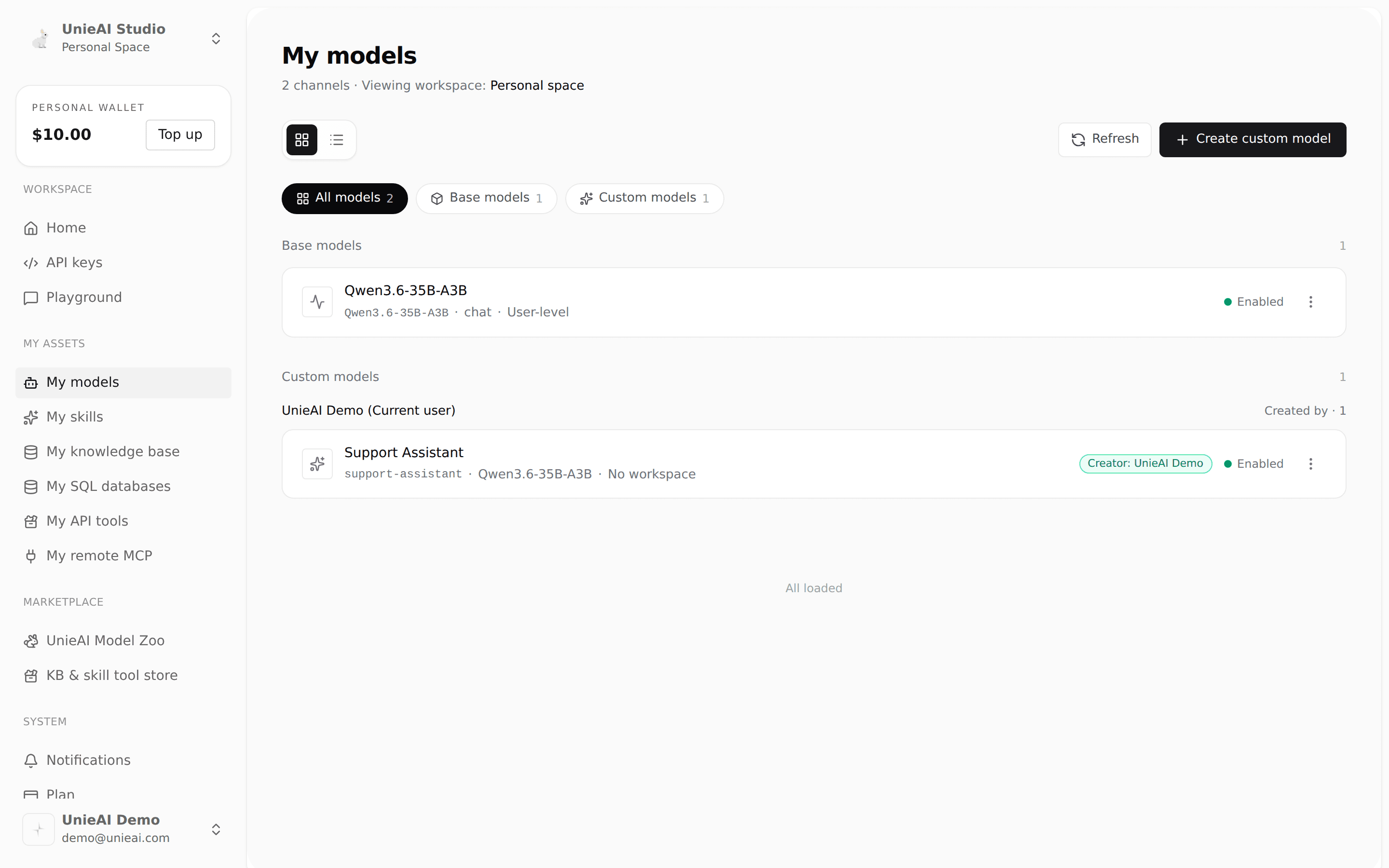 My models — the Create custom model button sits in the upper right.