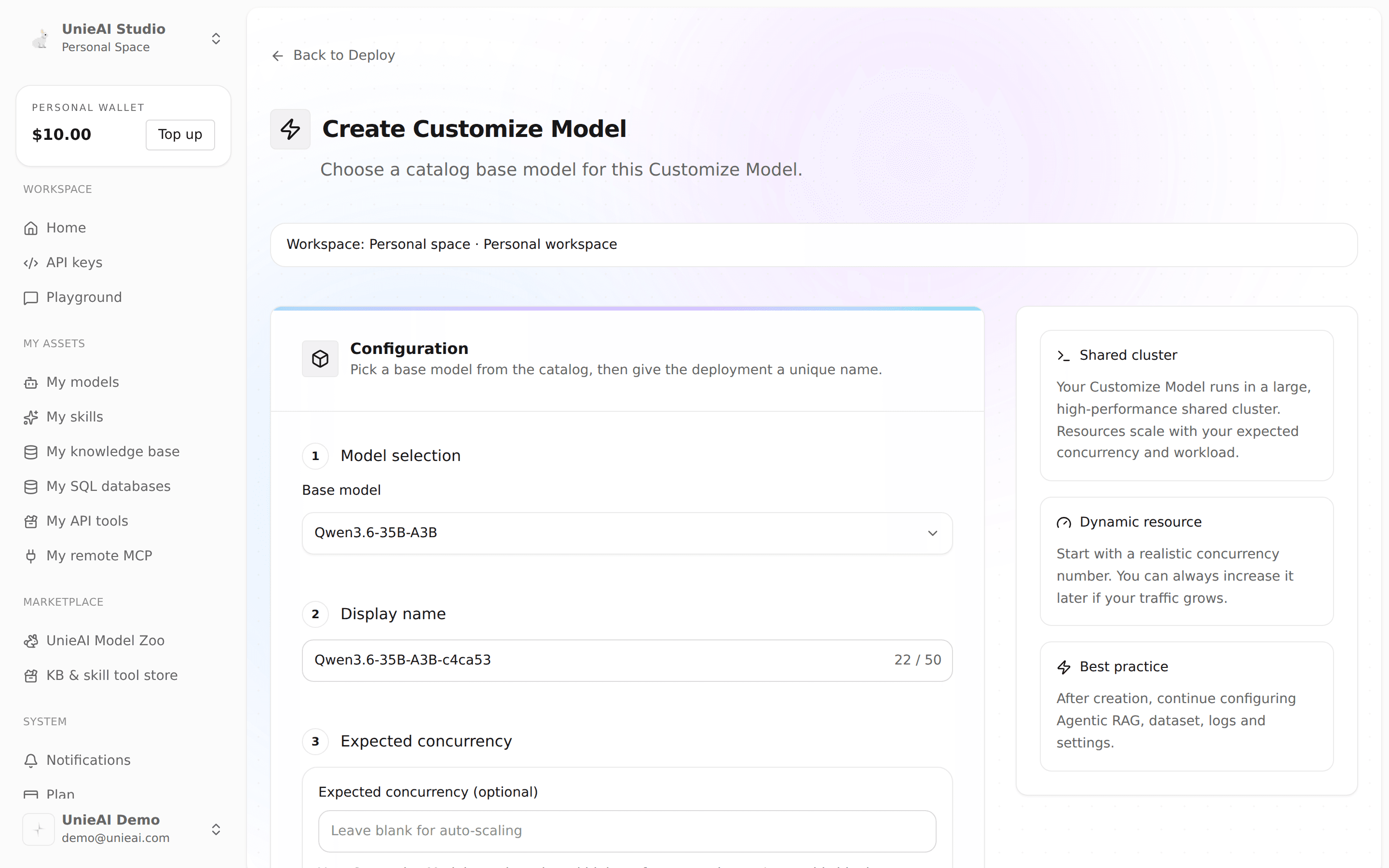 The creation form: base model, display name, and expected concurrency.