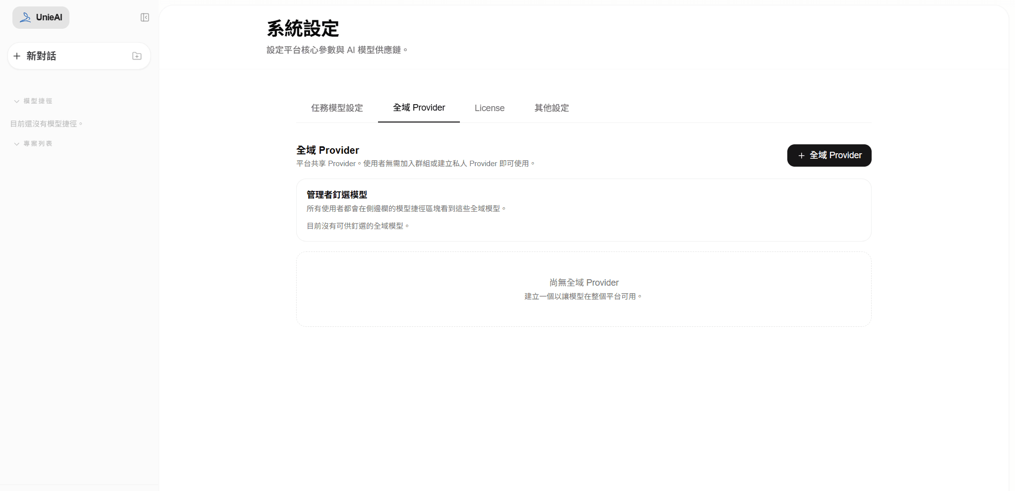 Global Providers page before a Provider is added.