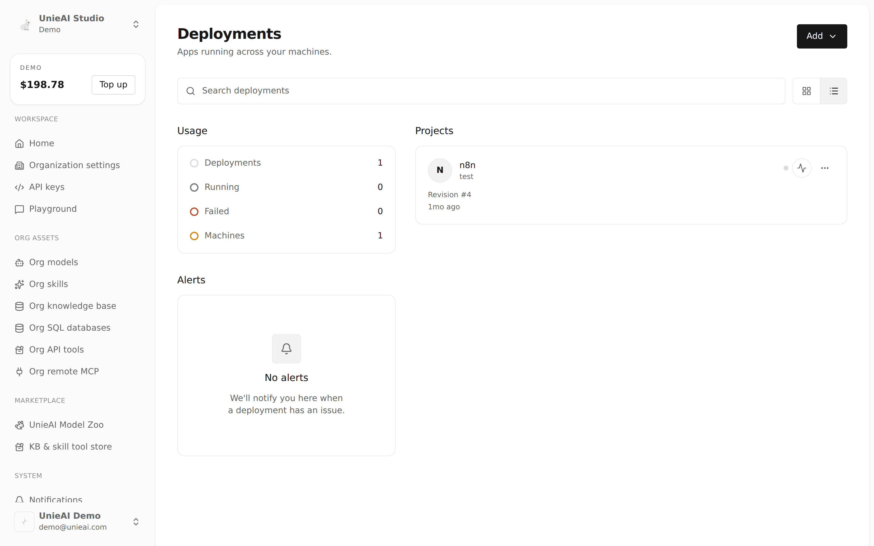 The deploy area: usage at a glance, your projects, and alerts.